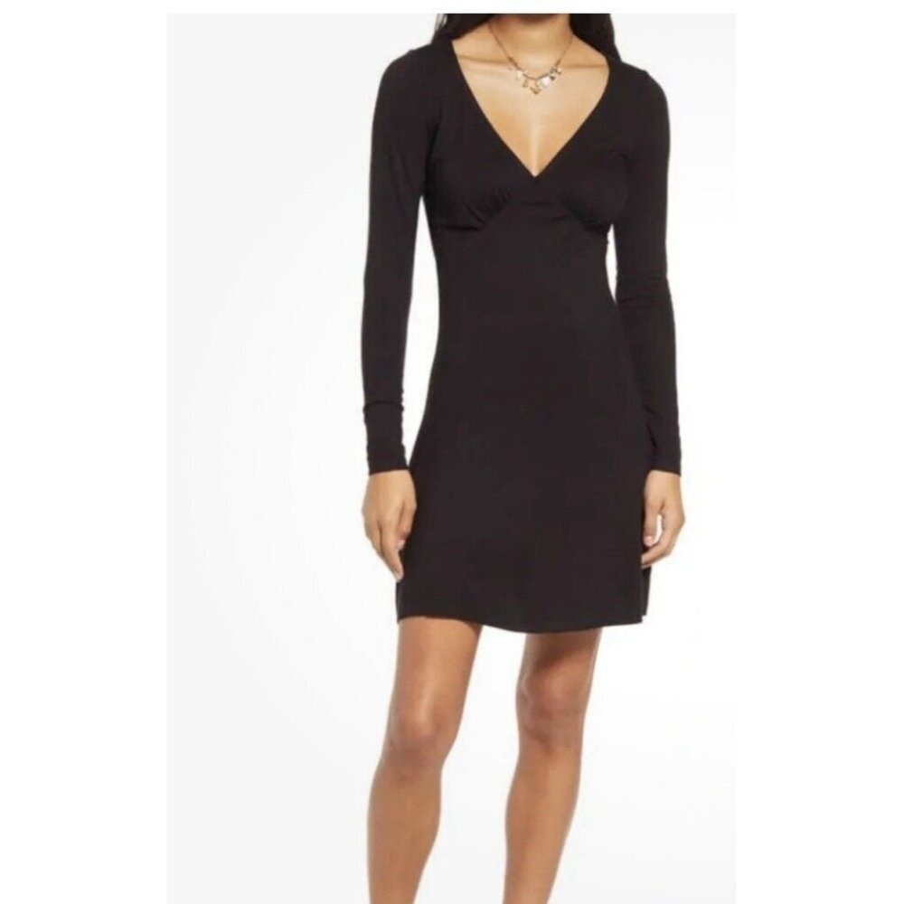 BP Womens V-neck Long Sleeve A-Line Jersey‎ Dress in Black Size Large